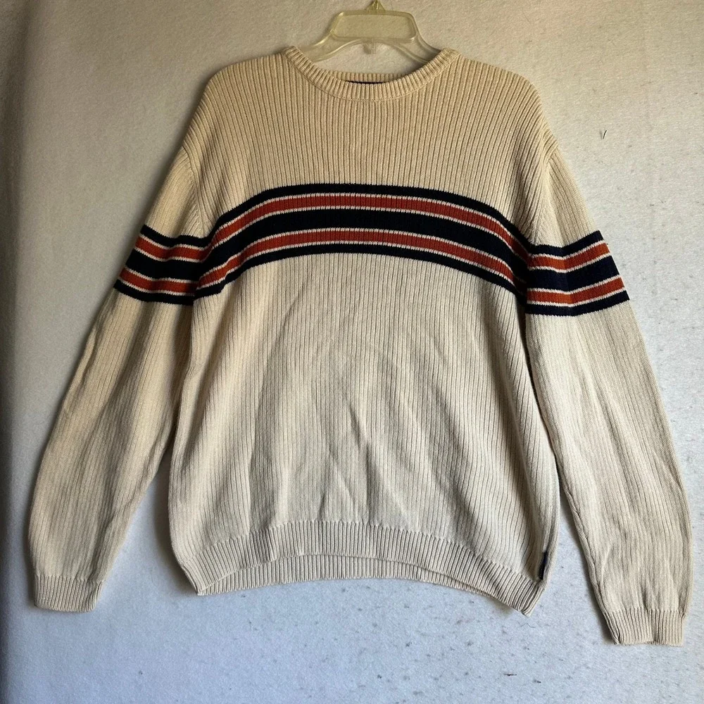 American Eagle Mens M Cream Ribbed Knit Striped Crewneck Sweater Ramie Cotton